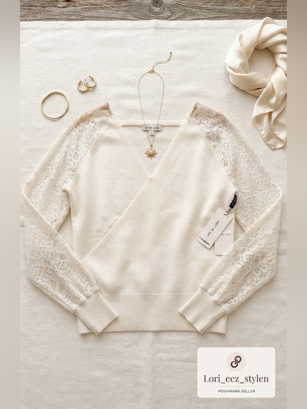 Brand New With tags -
Lace-Sleeve V-Neck Sweater - Cream